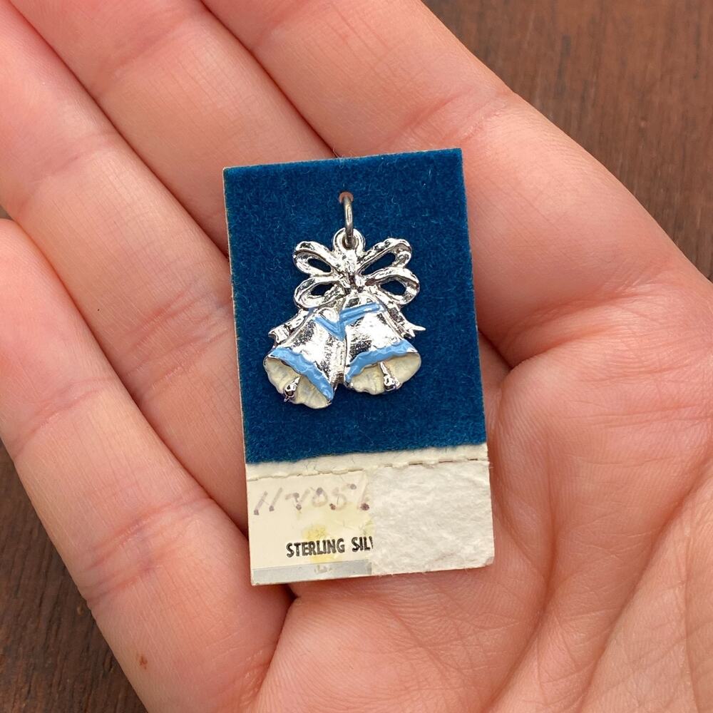 Vintage 925 Sterling Silver Enamel Wedding Bells Pendant Bracelet Charm